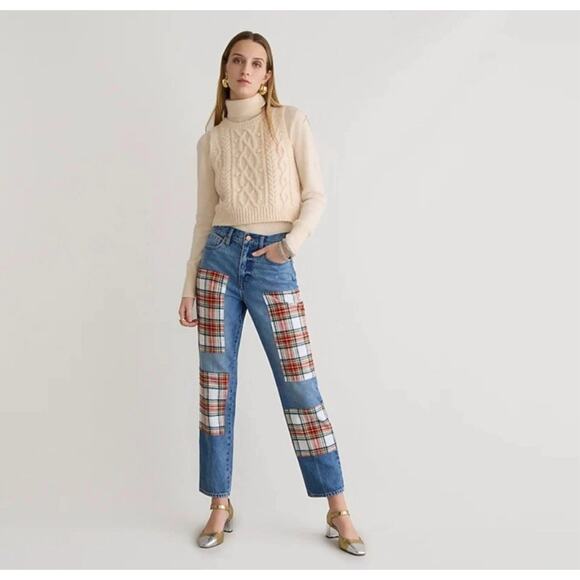 J Crew High Rise 90's Classic Straight Tartan Plaid Chic Denim Jeans Size 27 - Picture 1 of 11